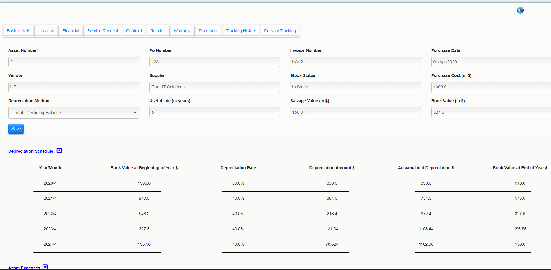 asset lifecycle product screen