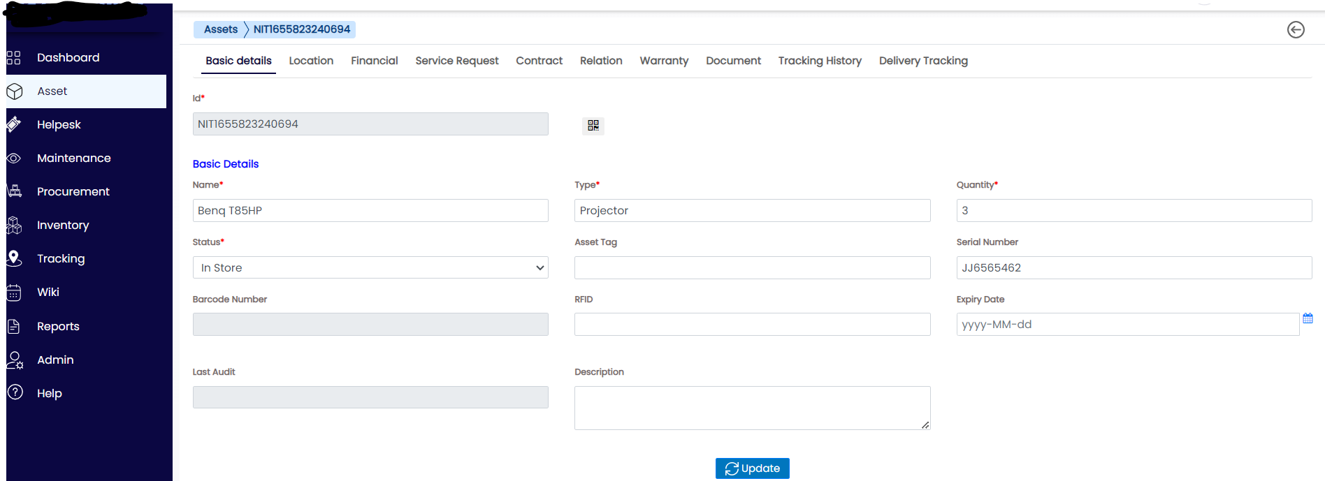 asset tracking features product screen
