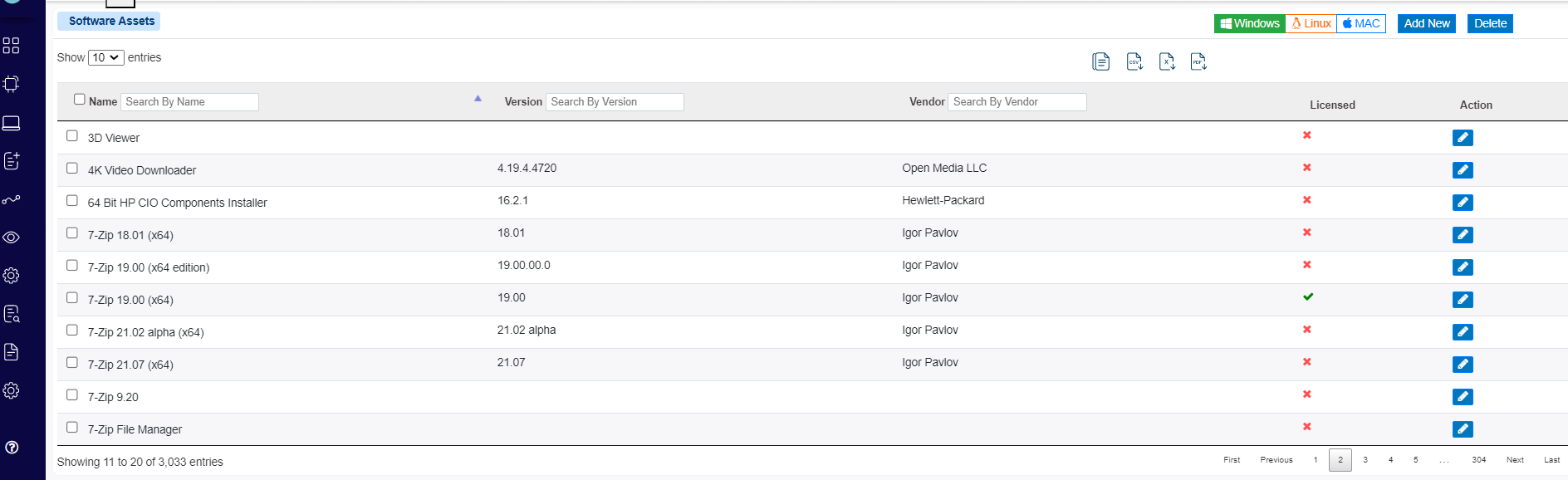 software asset management product screen