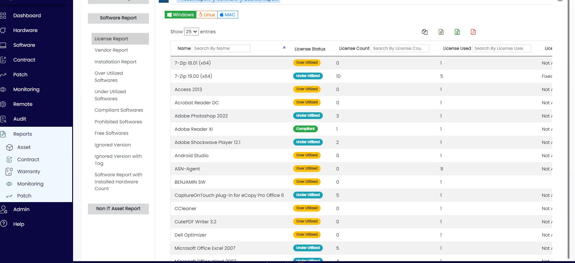 software license compliance product screen