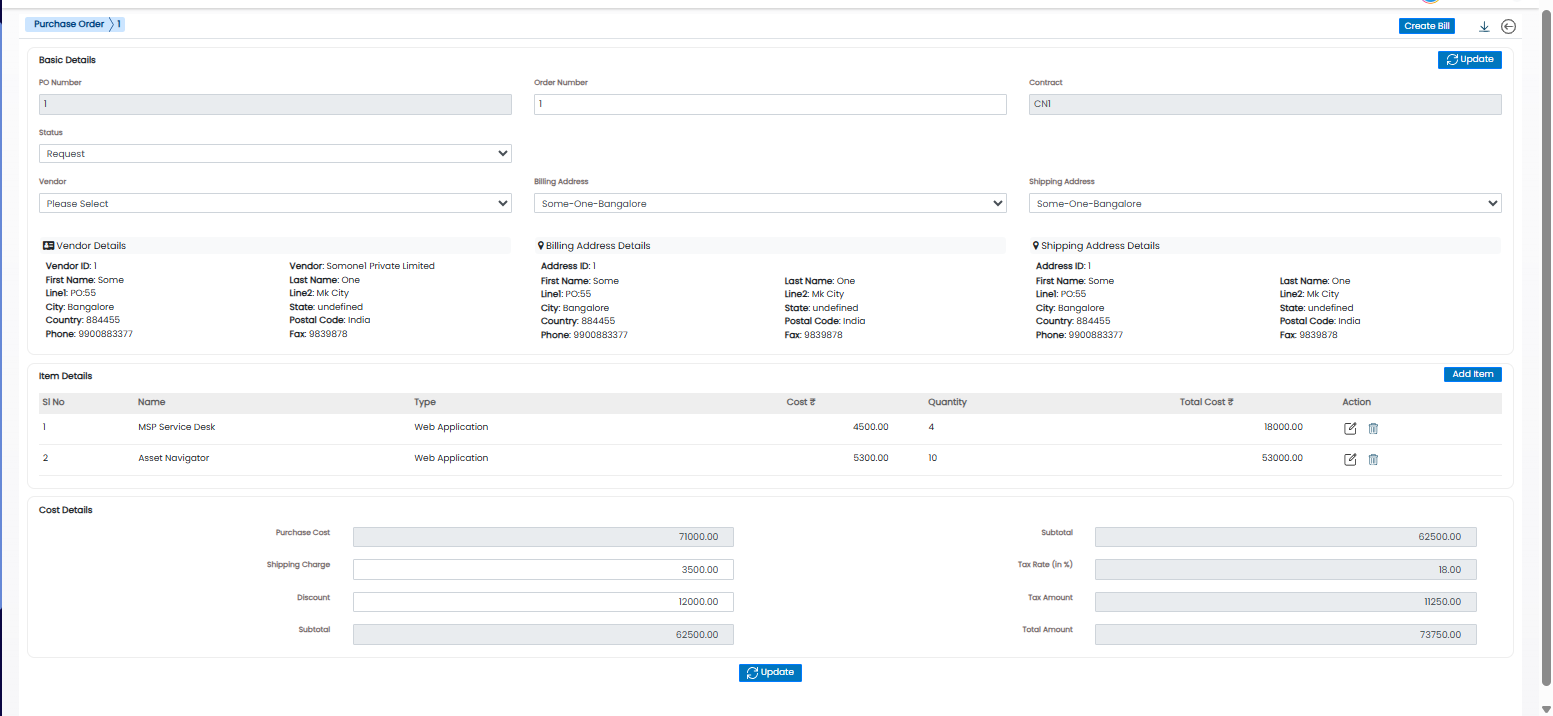 Purchase order screen showing vendor information, item details and cost breakdown.