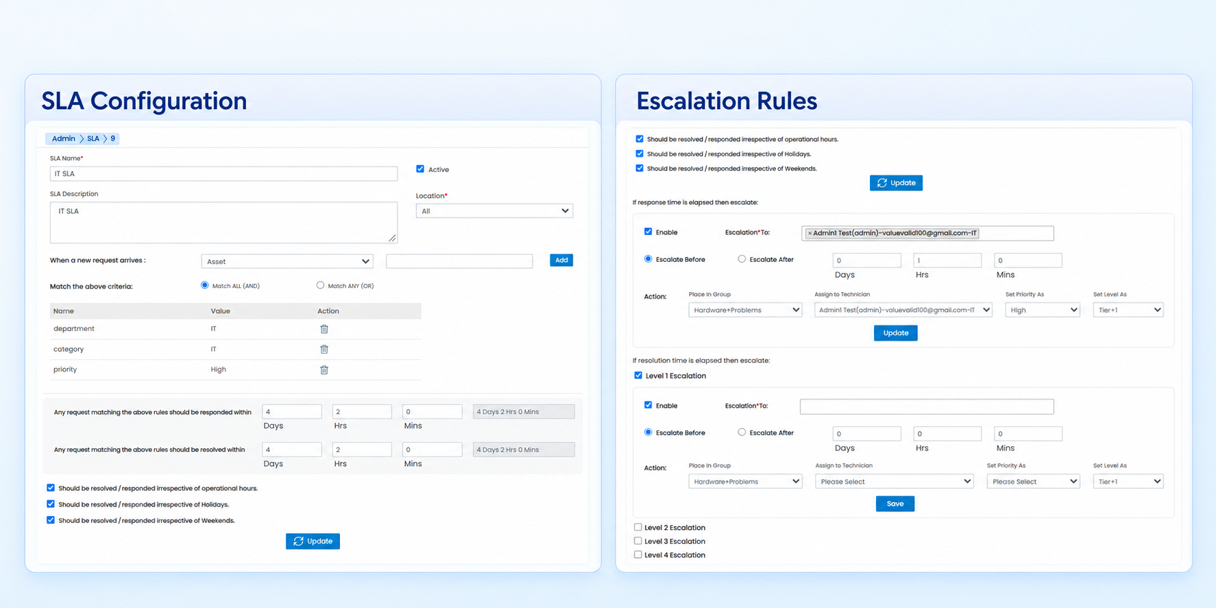 SLA configuration screen showing matching criteria and response and resolution targets.
