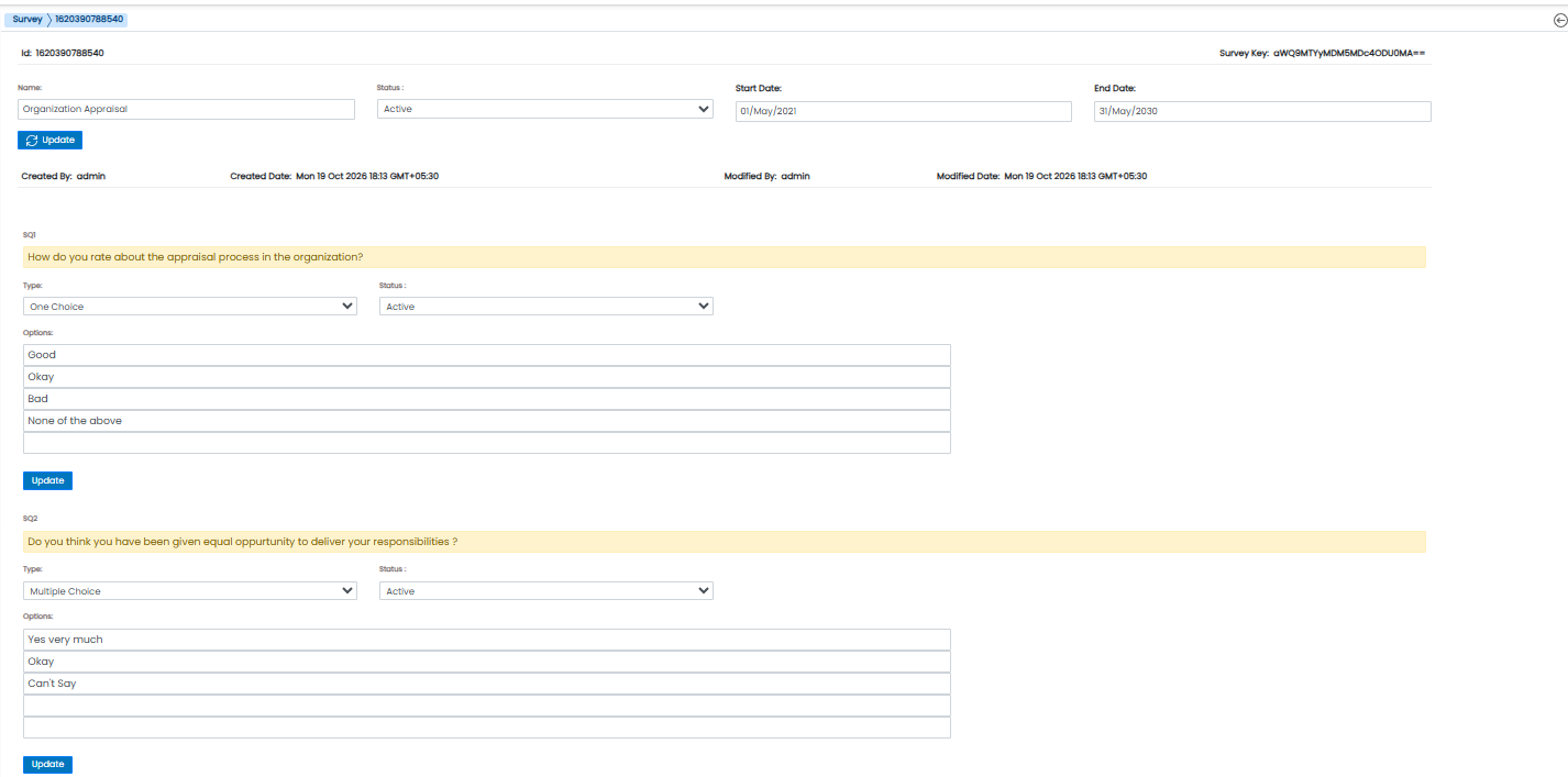 Survey configuration screen with active dates and customer feedback questions.
