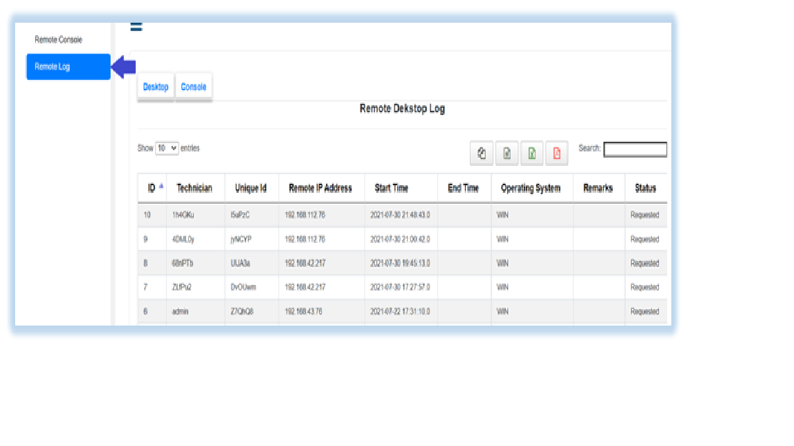 remote logging product screen